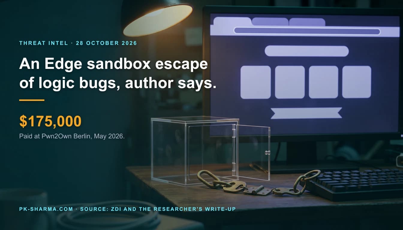 A workshop bench at night. A wide monitor shows a browser window drawn only with blank rounded shapes: three tabs, an address pill and four cards. In front stands a clear acrylic cube with its door open and undamaged, and a short brass chain of five different links runs from it to a keyboard. Text on the left reads: An Edge sandbox escape of logic bugs, author says. $175,000. Paid at Pwn2Own Berlin, May 2026.