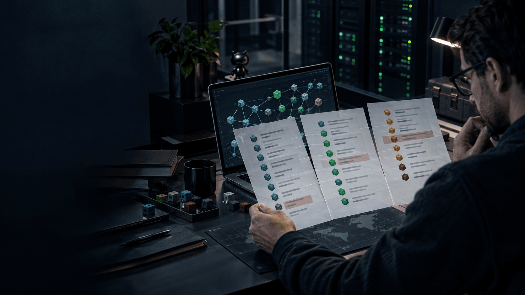 An engineer compares three conflicting software component manifests beside a dependency graph.