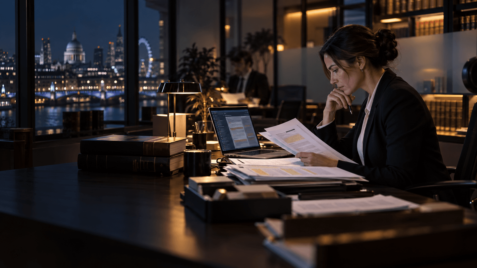 A solicitor reviews paper authorities and an AI research screen in a London law office.