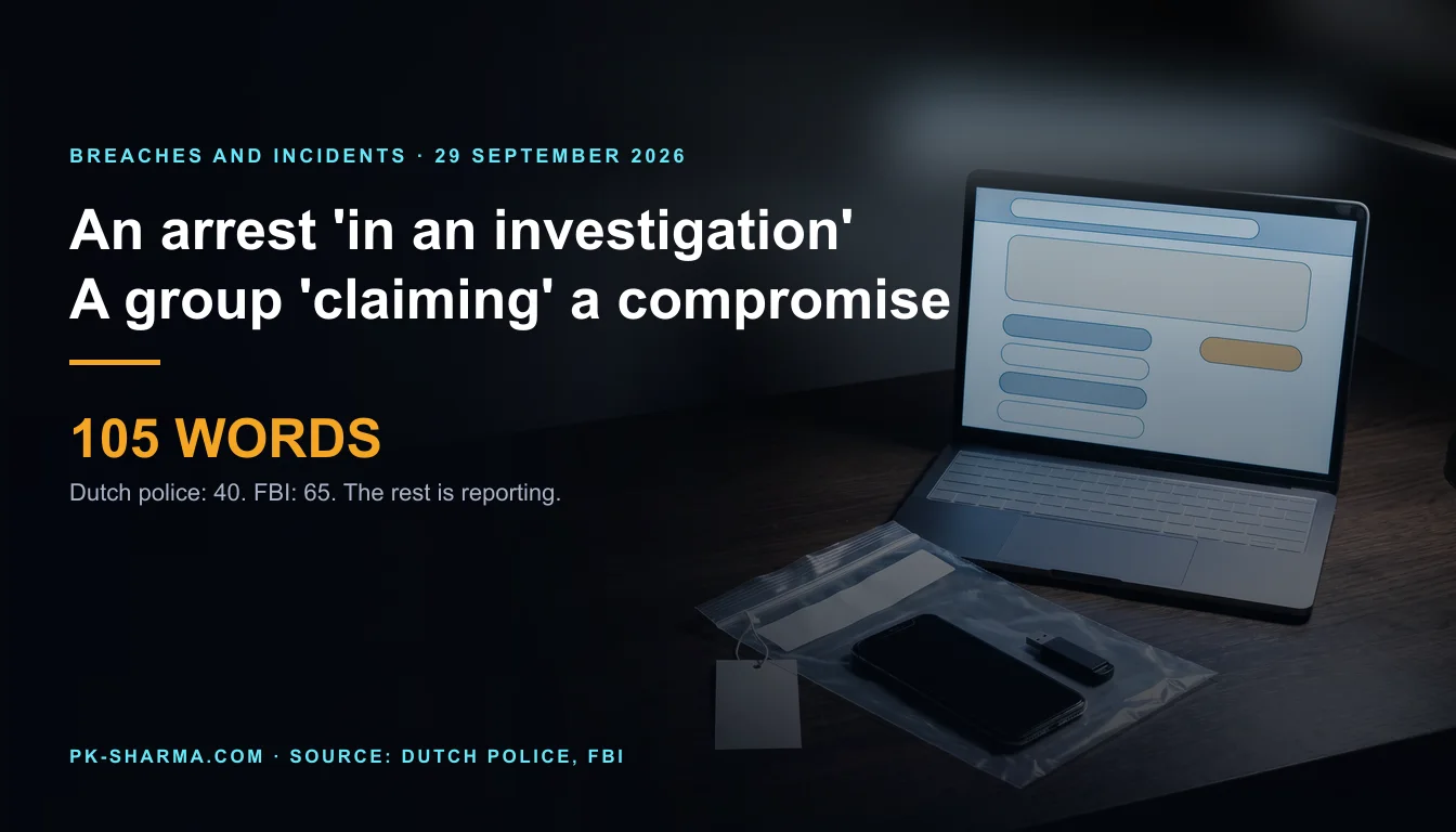 Editorial illustration for the briefing: ShinyHunters: one arrest 'in an investigation', one group 'claiming' a compromise, and 105 official words
