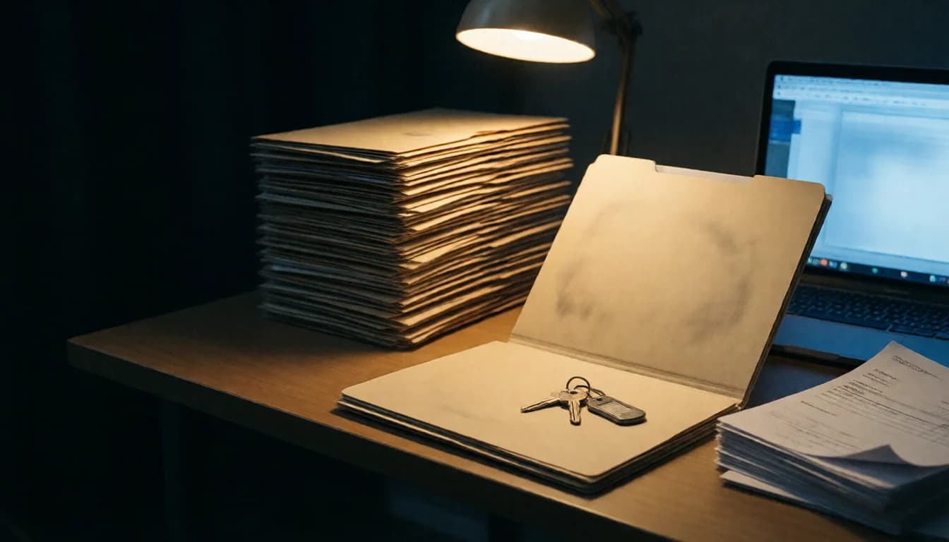 An open case folder holding a key, beside tall stacks of files and a laptop on a dark desk.