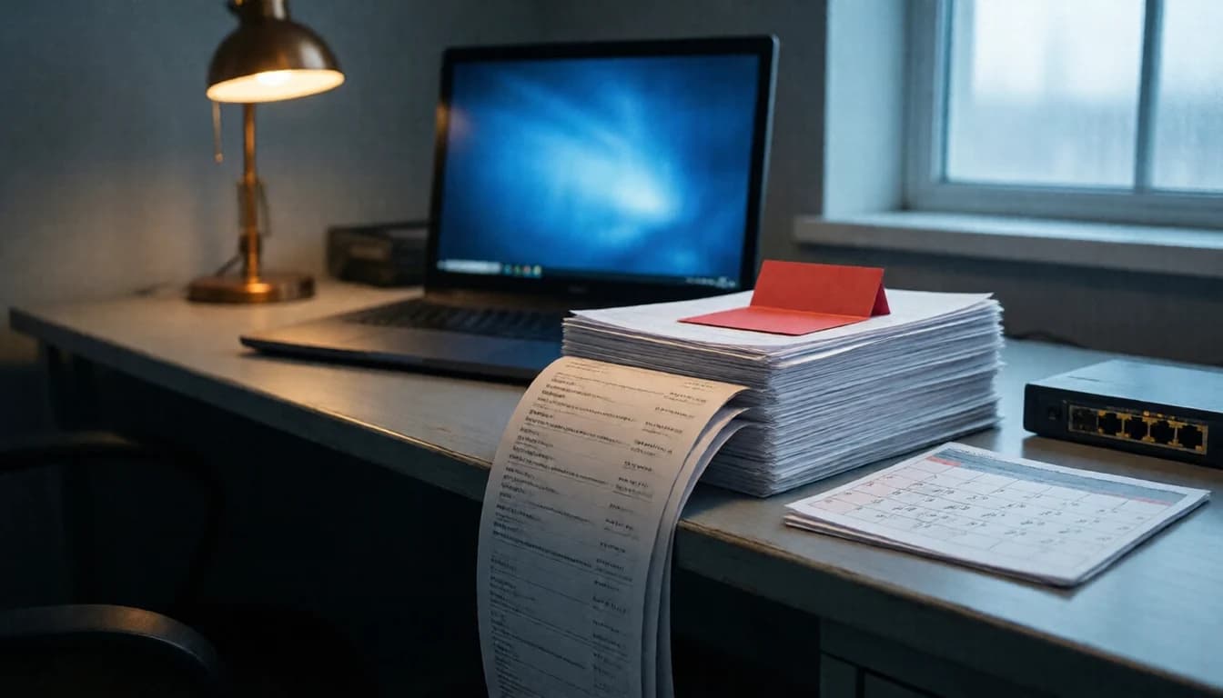A tall stack of printed listings with a red tab and a long printout spilling off a desk beside a calendar and a laptop.