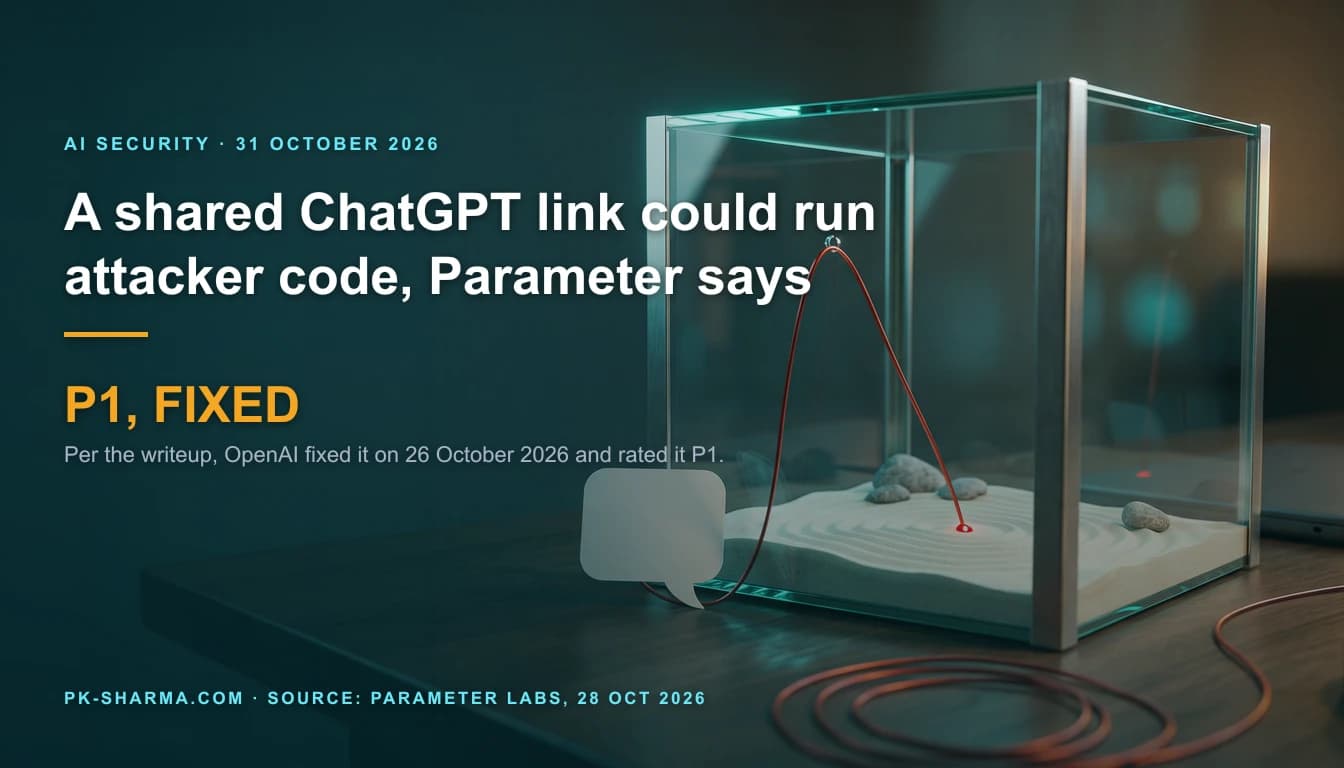 A closed glass cube terrarium on a dark desk in teal and amber light holds raked pale sand. A blank white paper speech bubble stands outside it, and one thin red wire runs from the bubble through a tiny gap near the top of the glass to the sand inside. A coil of red wire lies in the foreground. On the left the headline reads: A shared ChatGPT link could run attacker code, Parameter says. P1, FIXED.