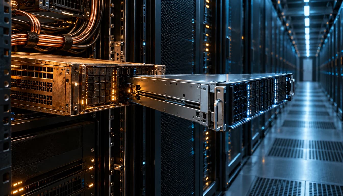 AI-generated engineering editorial image of one server module replacing another in a hyperscale data centre.