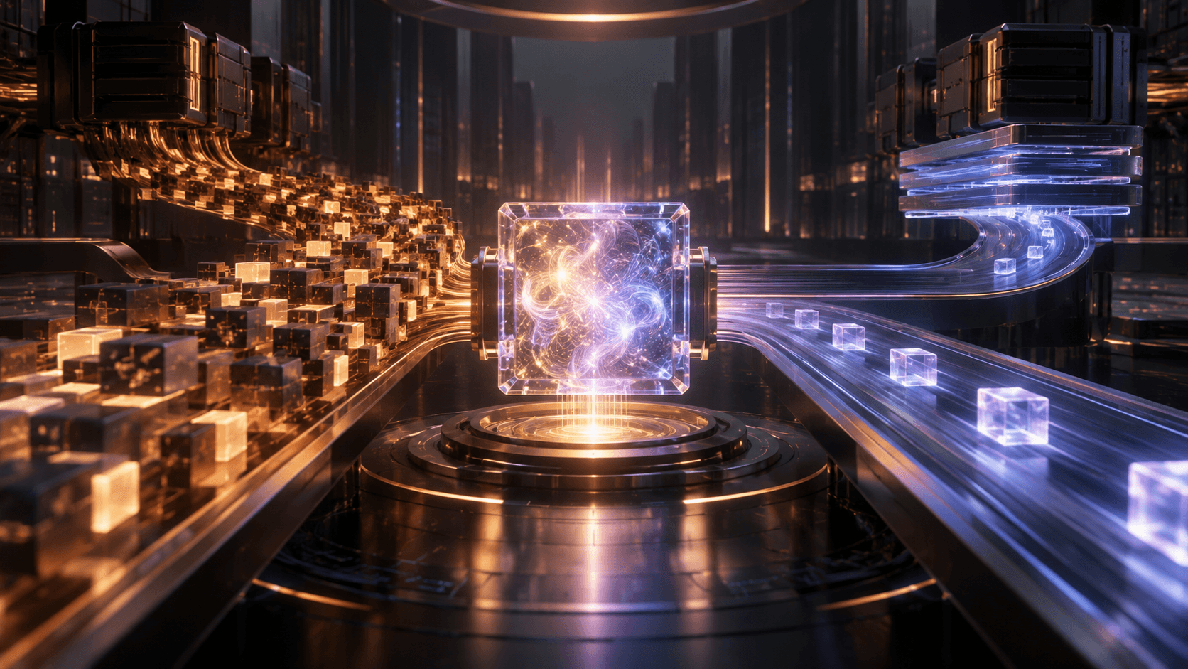 Editorial illustration of a high-performance AI processing core balancing dense input work with a faster, lighter output stream.