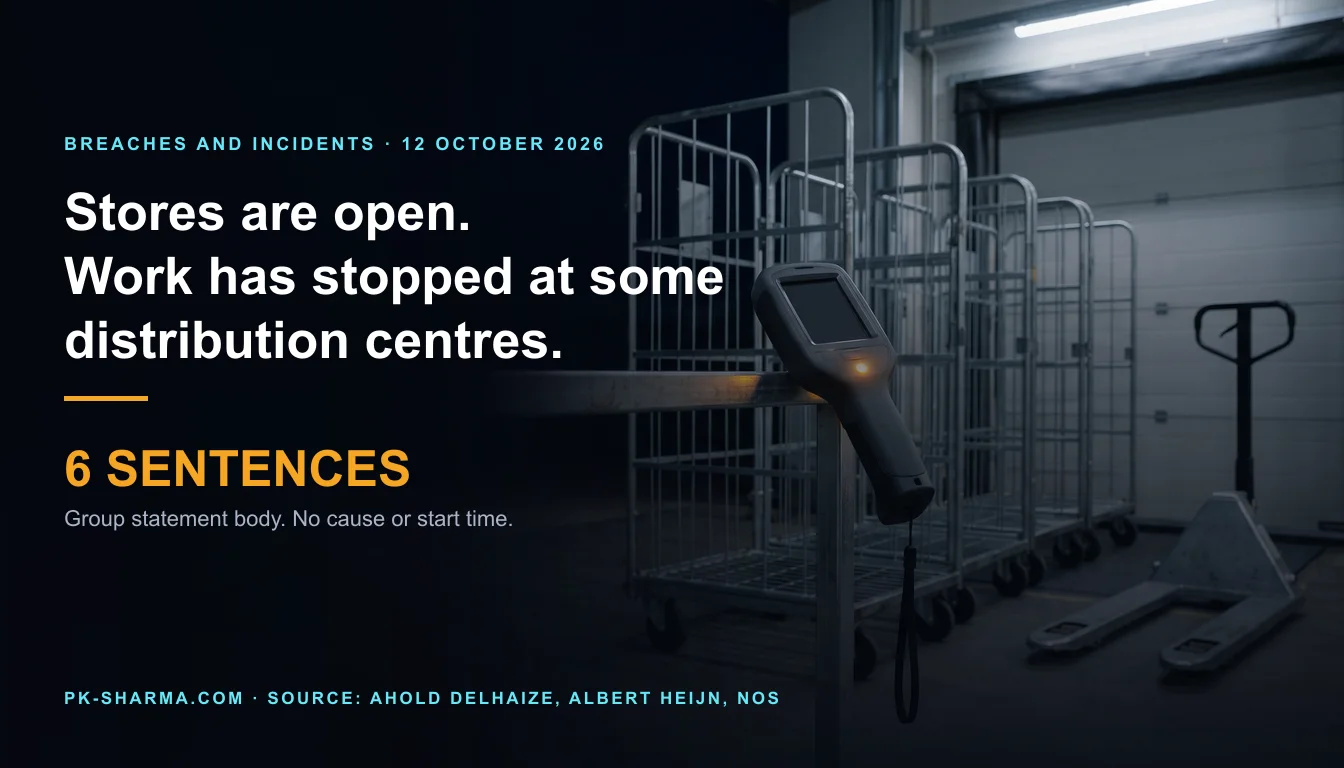 A dark supermarket distribution-centre loading bay at night. Four empty steel roll cages stand idle in a row in front of a closed grey dock door, with a hand pallet truck parked beside them. A rugged handheld scanner rests on the near cage with its screen dark and blank and one small amber lamp lit. The left half is empty dark blue, with the headline and a stat drawn over it: 6 sentences.