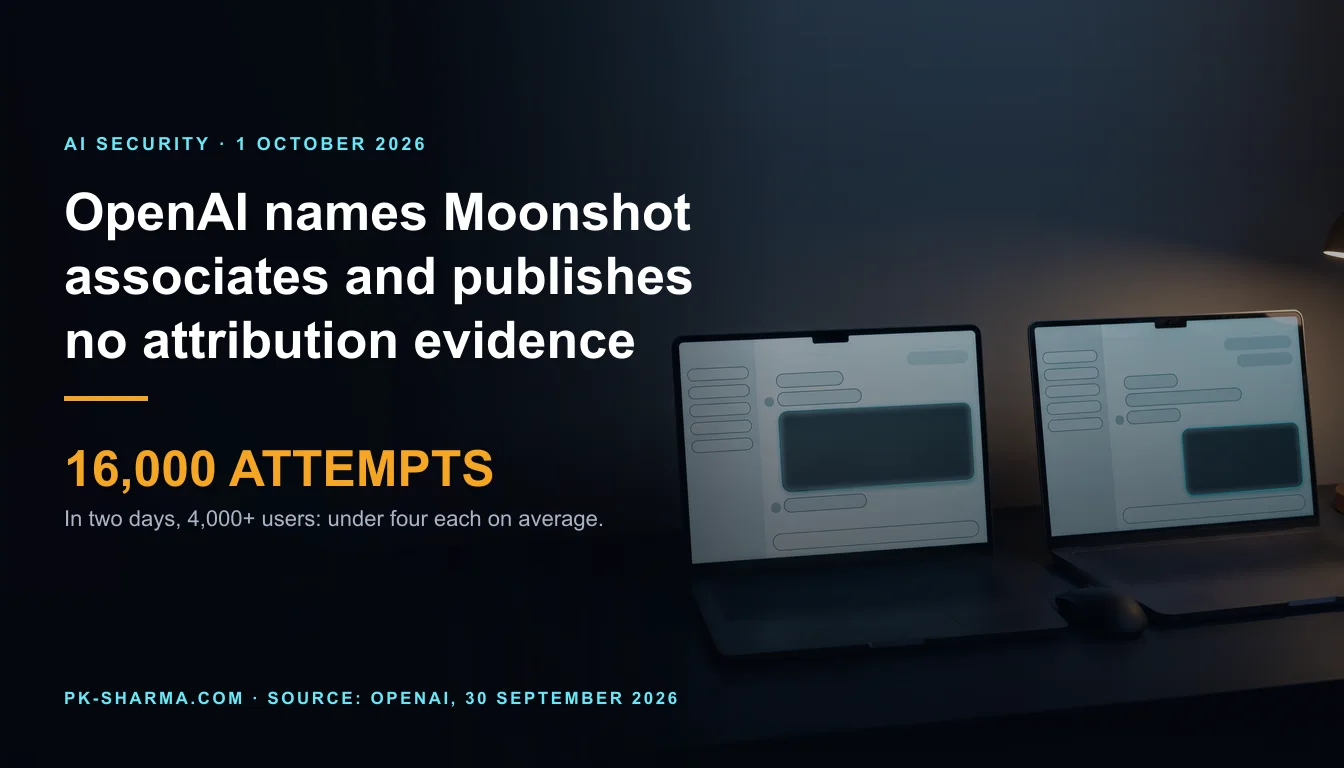 Editorial illustration for the briefing: OpenAI reports 16,000 extraction attempts, names Moonshot associates, and publishes no attribution evidence