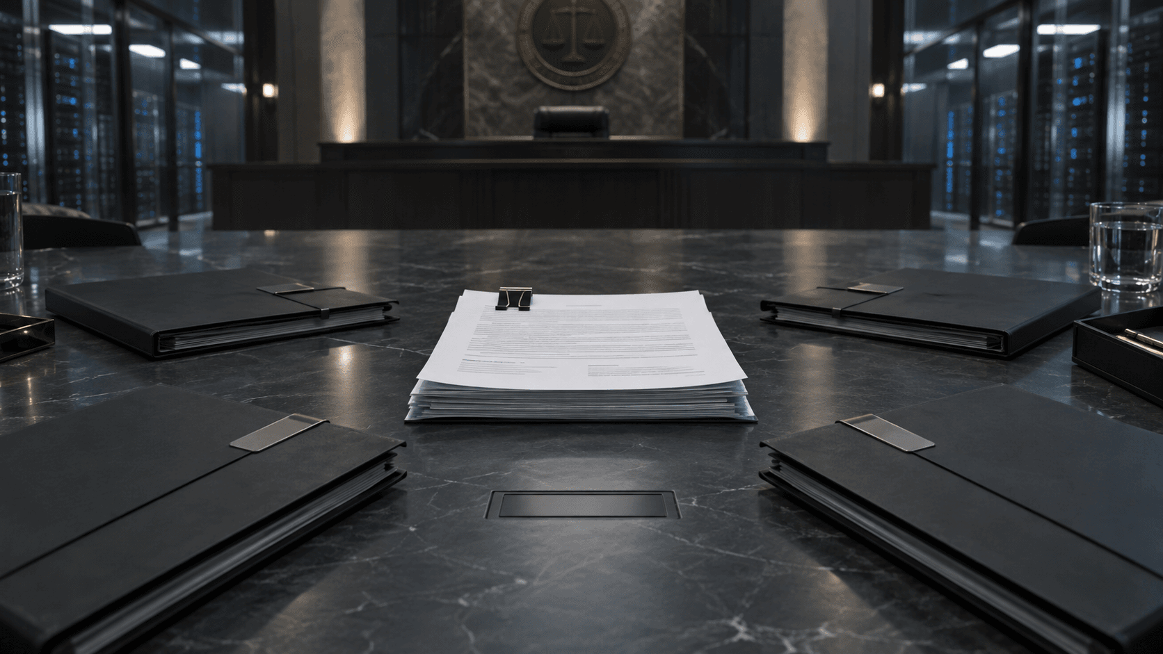 A courtroom table with four technology case files facing a judge's bench under cool blue light.