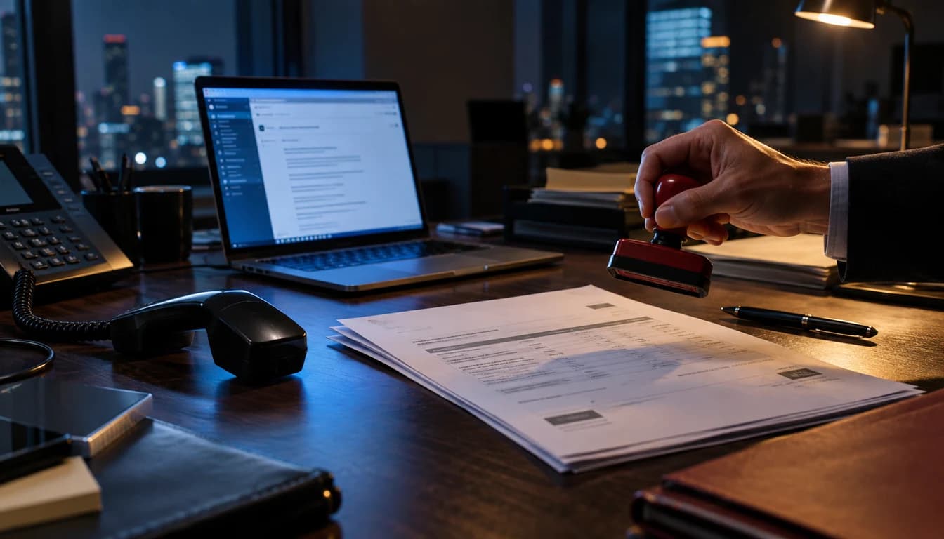 AI-generated editorial scene of an invoice awaiting approval beside a laptop and desk telephone in a finance office at night.