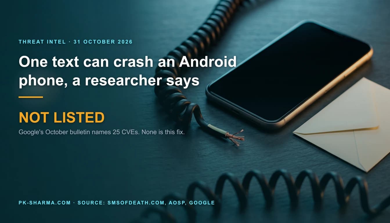 A dark smartphone lies face up on teal slate with a dead black screen, a severed coiled telephone cable beside it and a sealed blank envelope. Cold cyan light edges one side and warm amber the other. The calm left side carries the headline drawn over it: one text can crash an Android phone, a researcher says, and Google's October bulletin names 25 CVEs, none this fix.