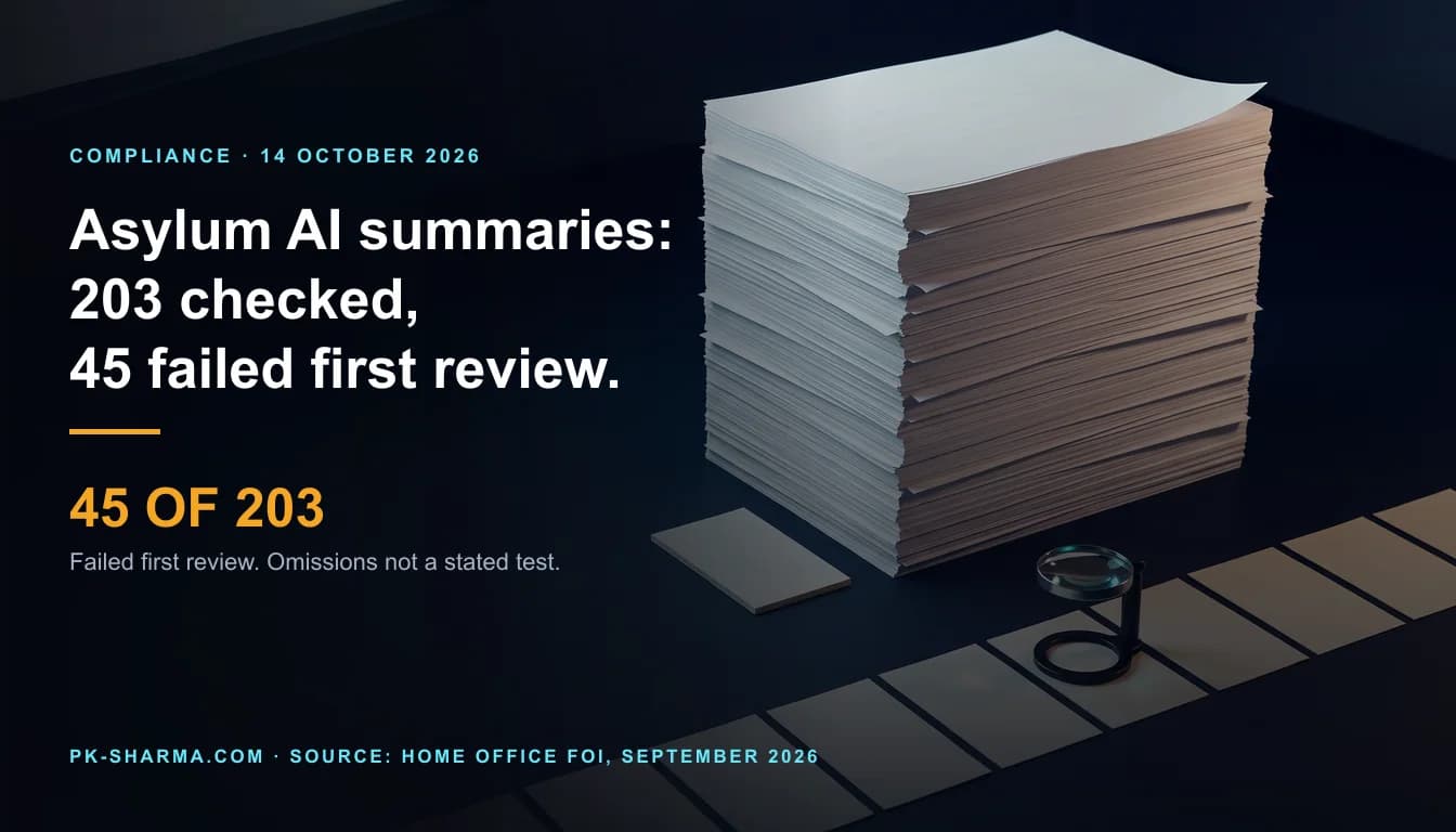 A dark navy desk seen from high above. A very tall stack of blank white paper stands on the right, a small blank cream card lies in front of it, and a straight row of identical blank cream cards runs across the foreground with a small black-stand magnifying loupe over one of them. The left third is empty dark space carrying the headline and a stat drawn over it: 45 of 203.
