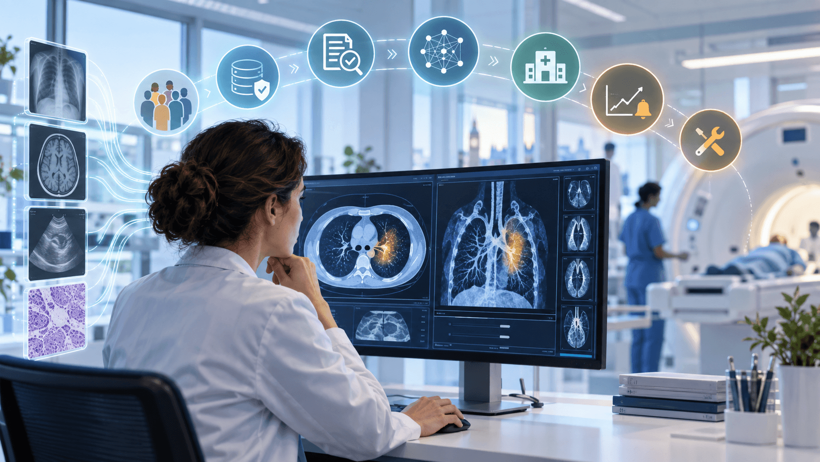 A clinician reviews medical imaging while a lifecycle of data, validation, deployment, monitoring and correction appears above.