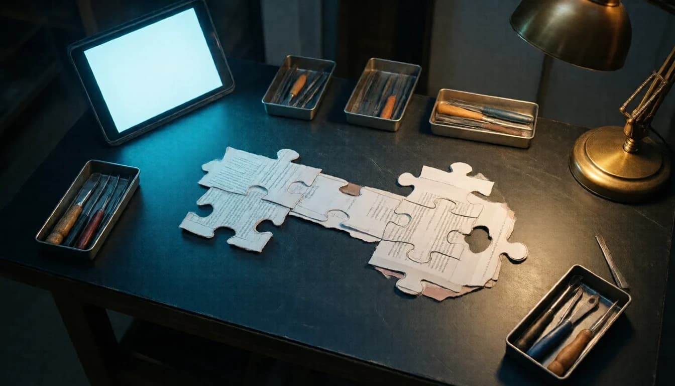 Torn paper pieces fitted together like a jigsaw on a slate workbench, surrounded by trays of hand tools under a lamp.