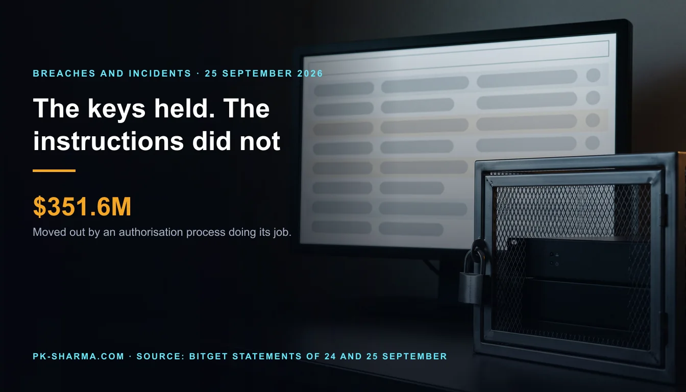 Editorial illustration for the briefing: Bitget says its private keys were never compromised. The signer did exactly what it was asked to do