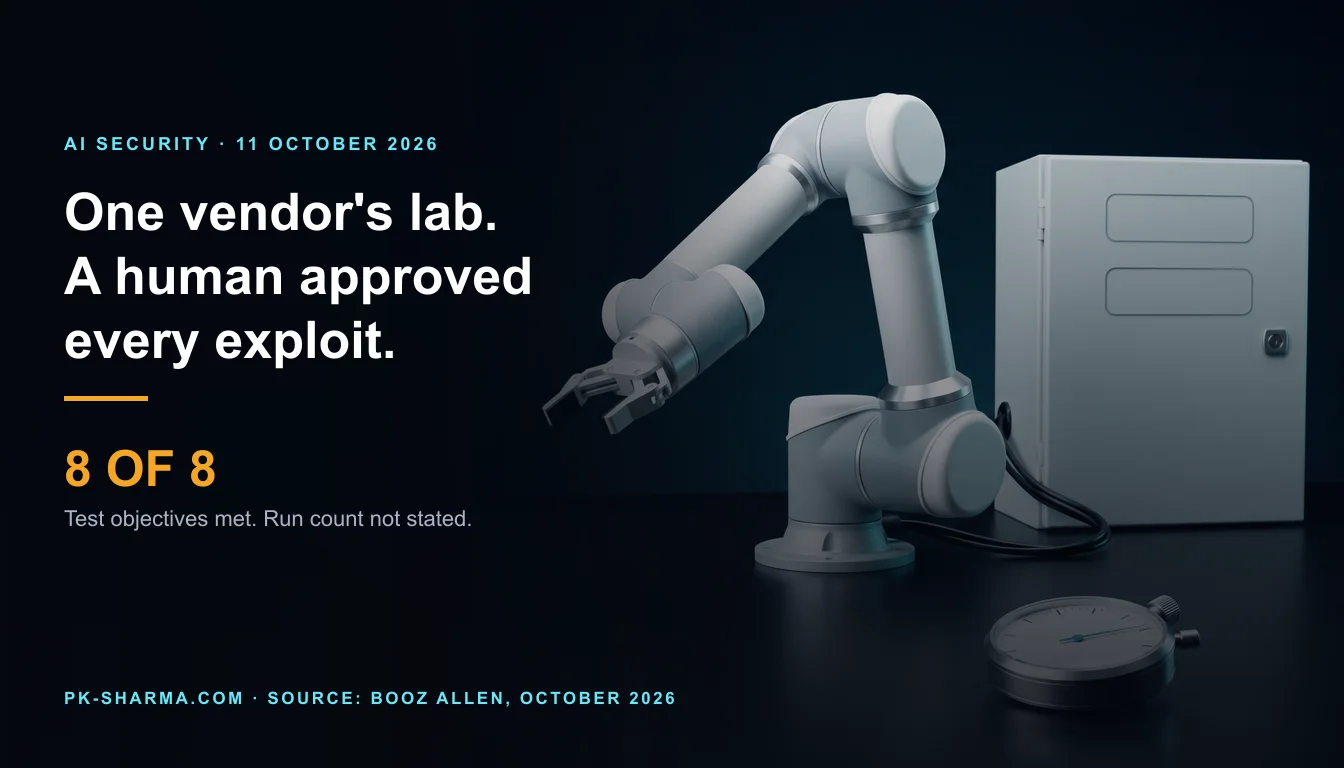 A dark laboratory bench in dim blue light. An unmarked pale grey and white desktop robotic arm reaches forward with its gripper open, beside a plain grey control cabinet whose door carries two blank recessed plates. A brushed steel stopwatch with a plain dial and one blue hand lies in front. The left half is empty dark blue, with the headline and a stat drawn over it: 8 of 8.