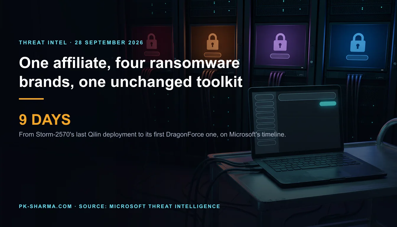 Editorial illustration for the briefing: One affiliate, four ransomware brands, nine days between two of them: track the toolkit, not the name