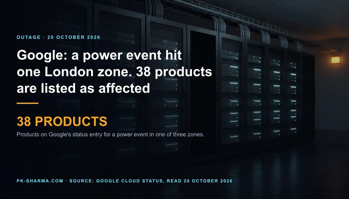 A dim data hall at night: a row of tall black server rack cabinets with perforated mesh doors, receding to the right. One cabinet in the middle is dark, its indicator lights off, between cabinets lit with rows of small cyan and green lights. A small amber lamp glows on the end wall. The left half is darkened, with the headline and the stat 38 PRODUCTS drawn over it.