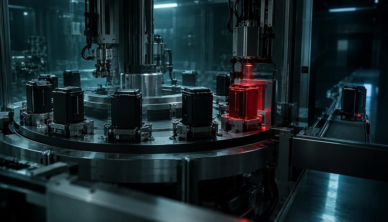 AI-generated threat-intelligence image of sample cartridges moving through an automated malware testing machine.