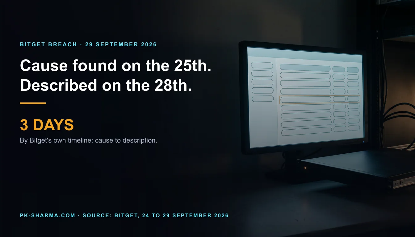 Editorial illustration for the briefing: Bitget says it found the root cause on 25 September. It described it three days later and names no product