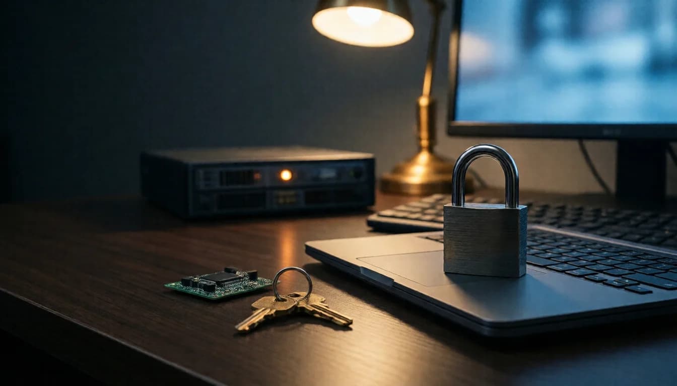 A closed laptop with a steel padlock resting on it, beside keys, a circuit board, a network device and a monitor on a desk at night.