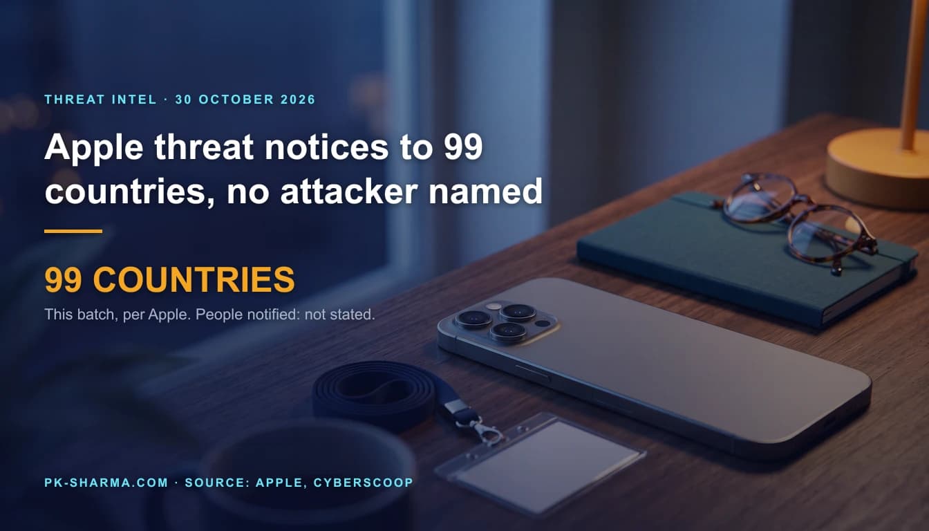 A smartphone lies face down on a dark walnut desk at dusk, its plain back showing three camera lenses, beside a closed teal notebook with a pair of tortoiseshell reading glasses on it, a coiled navy lanyard and a blank press badge in a clear holder. A blurred office window glows indigo behind. The left half carries the headline and a stat drawn over it: 99 countries.