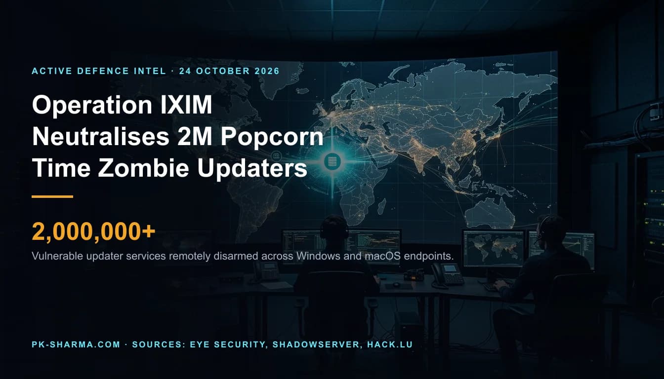 A vast network grid of consumer laptops and desktop workstations dimly glowing across an abstract global map as automated update signals terminate safely.