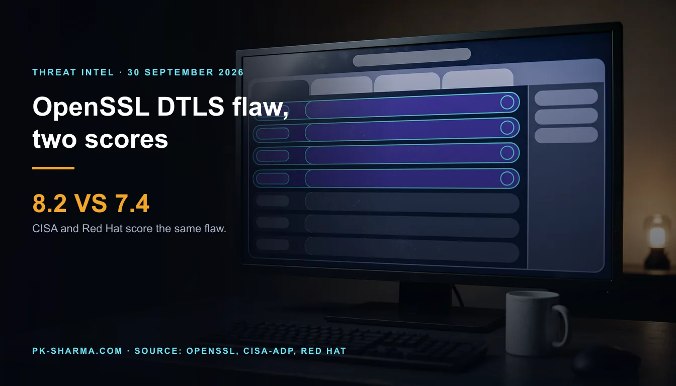 Editorial illustration for the briefing: OpenSSL's DTLS leak is scored 8.2 by CISA and 7.4 by Red Hat, and the gap is what OpenSSL did not say