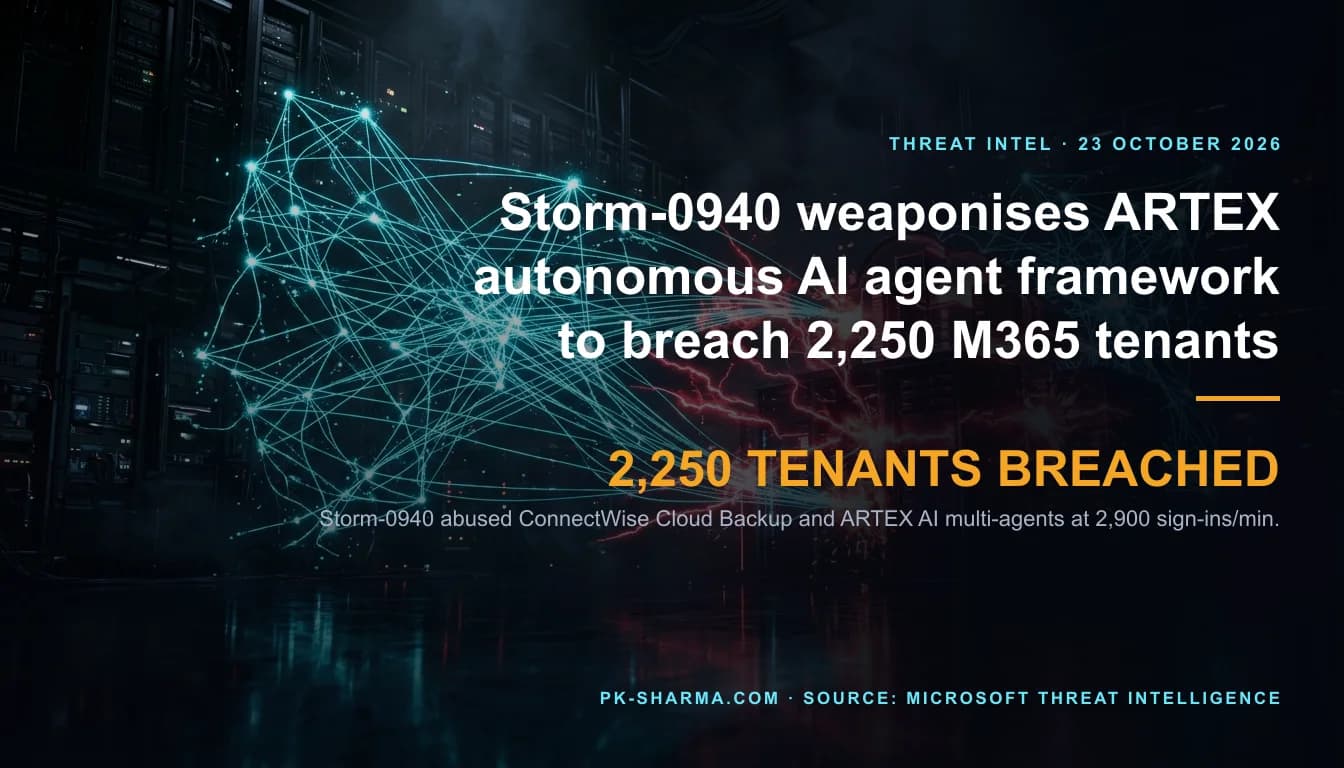 Abstract high-tech 3D visualization of autonomous AI agent neural networks executing automated cyber attacks across cloud tenants.