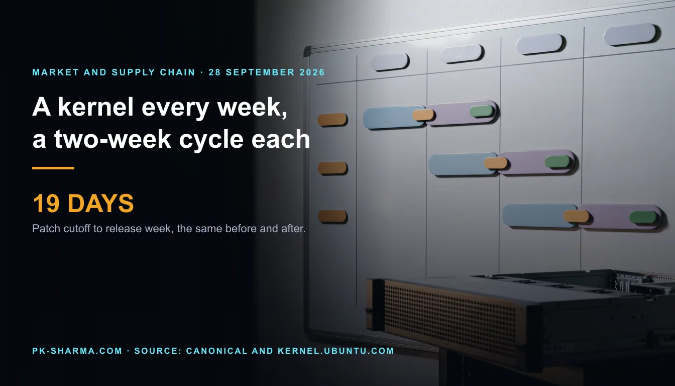 Editorial illustration for the briefing: Ubuntu's kernel now ships every week, but each fix still takes 19 days from cutoff to its release week