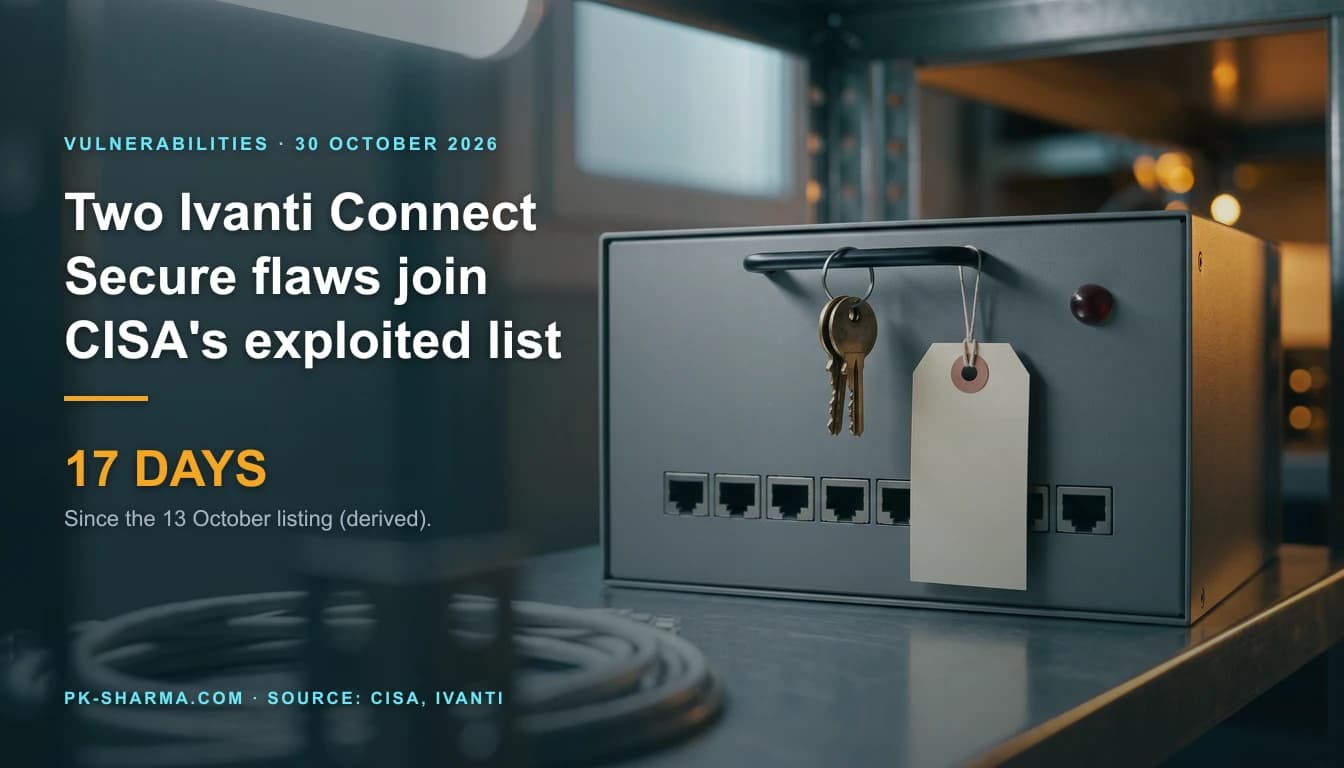 A single matte grey network security appliance on a brushed steel shelf, with a row of empty network ports, a dark unlit red status lamp, two small brass keys on a ring and a blank paper tag hanging from its black handle, in cold white and amber light. On the left the headline reads: Two Ivanti Connect Secure flaws join CISA's exploited list. 17 DAYS since the 13 October listing, derived.
