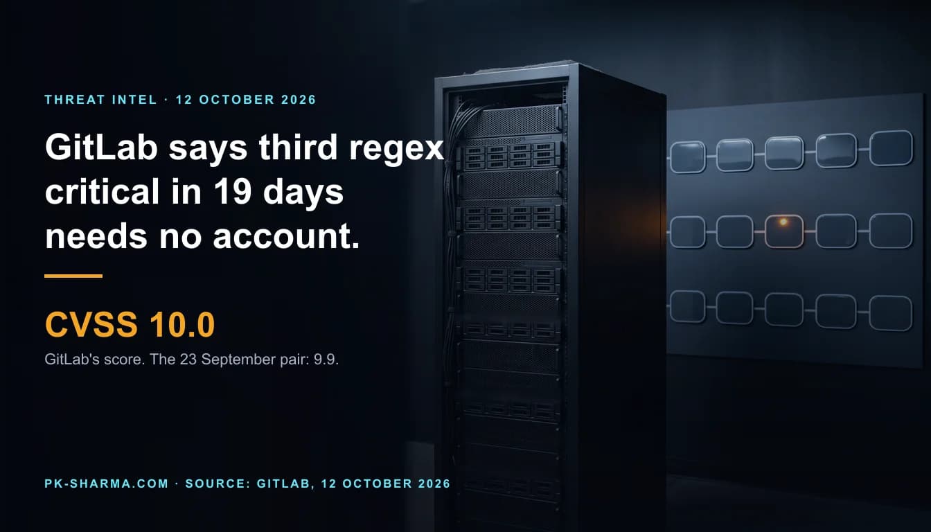 A dark server room. A tall black server rack with plain blank drive bays stands on the right beside a wall-mounted board of three rows of five empty rounded tiles joined by thin lines, like a pipeline. One tile in the middle row carries a single small lit amber lamp. The left half is empty dark blue, with the headline and a stat drawn over it: CVSS 10.0.