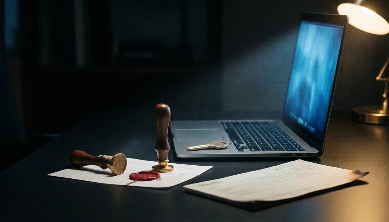 A brass seal stamp and a broken red wax seal on papers beside a laptop and a key on a dark desk.