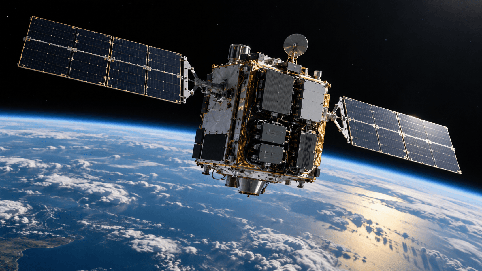 Editorial illustration of a solar-powered prototype satellite carrying an exposed computing payload above Earth.