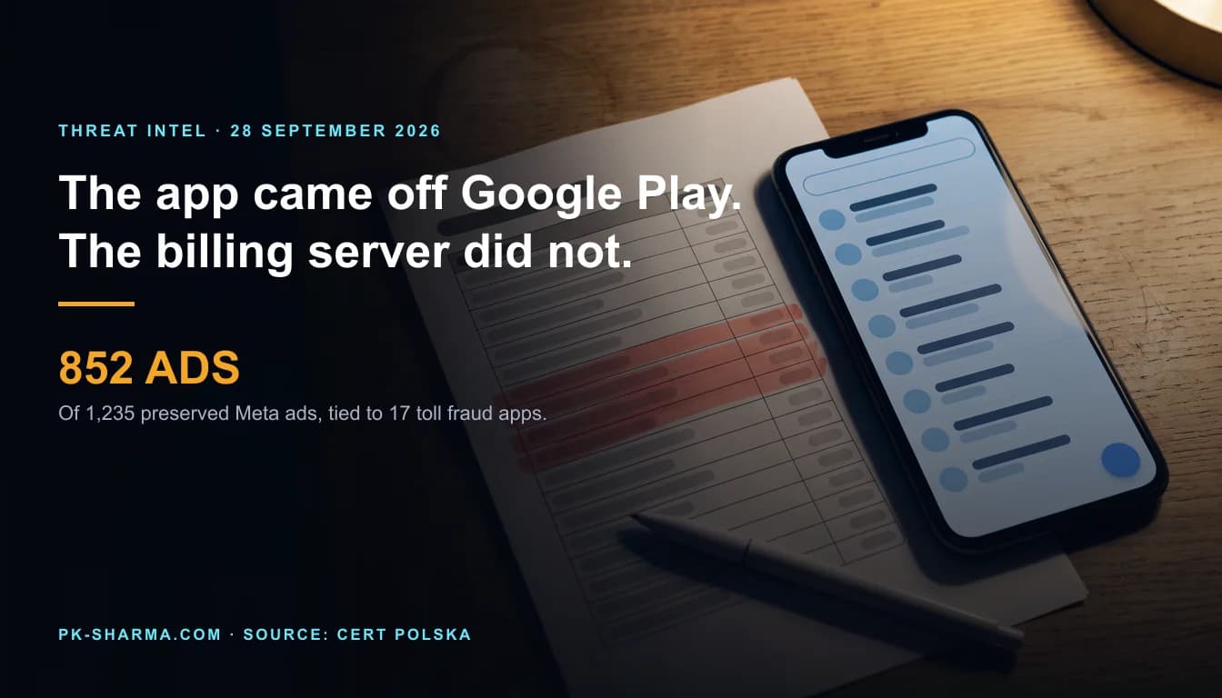 Editorial illustration for the briefing: 852 of 1,235 Meta ads led to 17 toll fraud apps, and Google's takedown did not stop the billing server