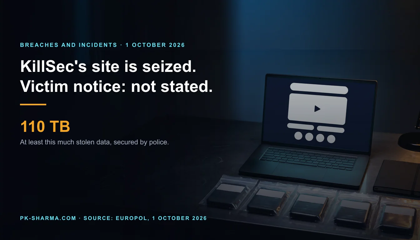 Editorial illustration for the briefing: KillSec takedown: five servers and 110 TB seized, but no release says how victims will be told