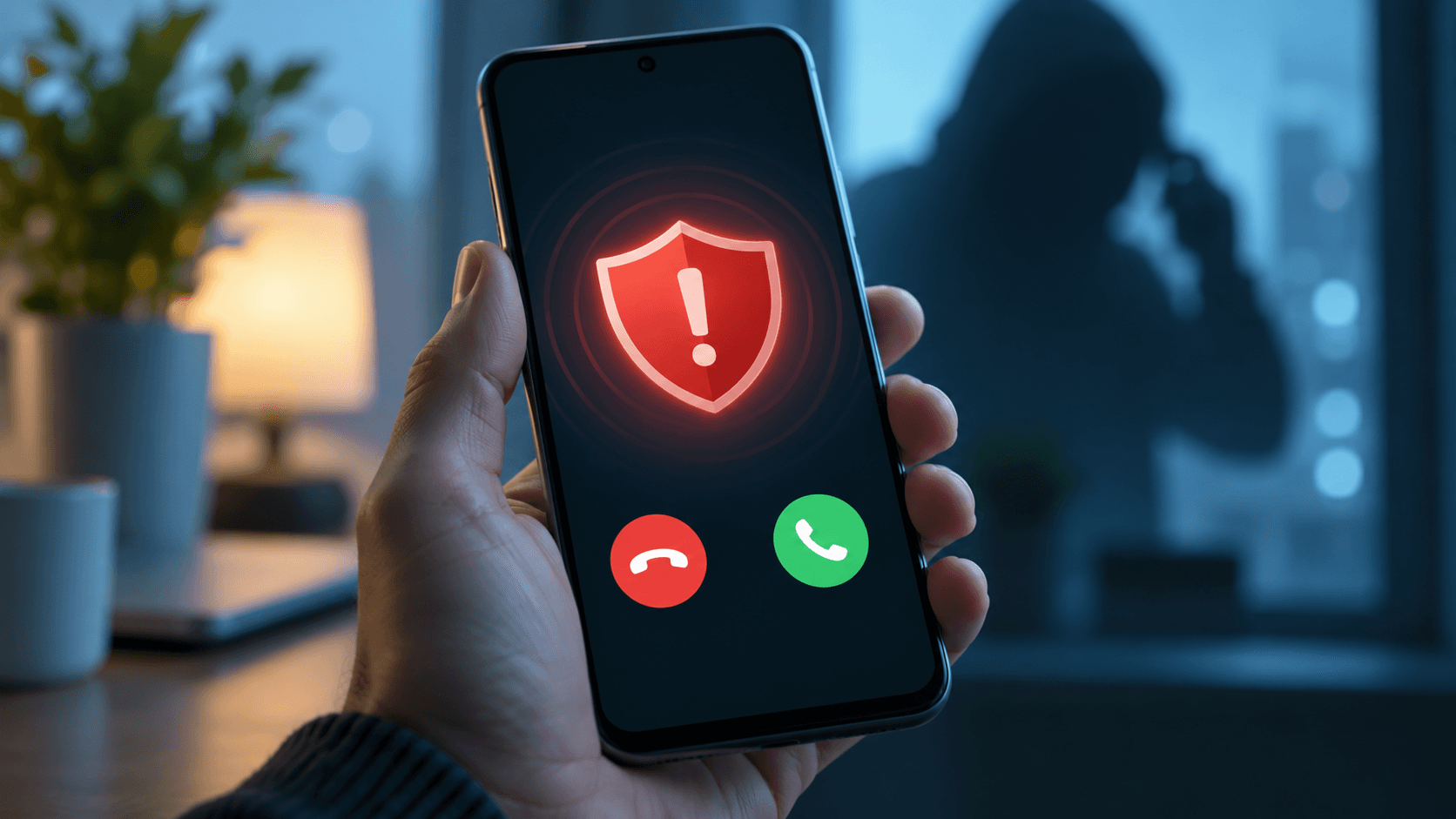 Conceptual smartphone showing a generic call warning shield
