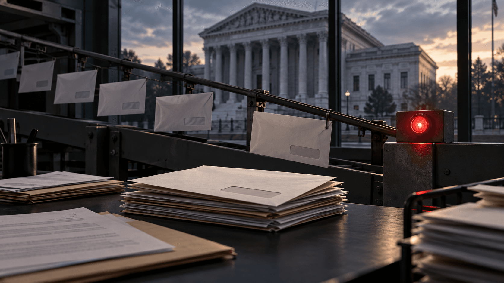 Editorial illustration of halted envelopes on a notice conveyor in front of a generic courthouse, representing the Bankruptcy Noticing Center outage