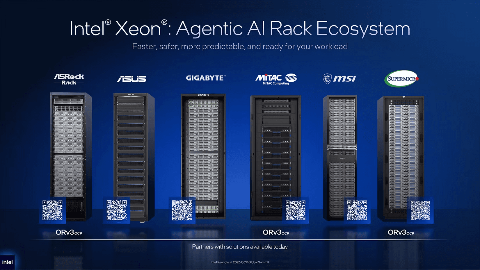 Intel keynote slide showing Xeon-based racks from ASRock Rack, ASUS, GIGABYTE, MiTAC, MSI and Supermicro, with ORv3 labels under selected designs.