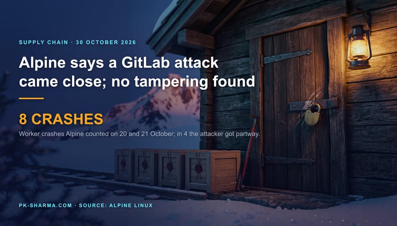 A small weathered timber mountain hut at blue hour. A heavy oak door has an iron hasp with a brass padlock whose shackle is bent from a crowbar bite but still locked, bright scratches on the iron, a red gripped crowbar leaning on the frame, and four identical sealed wooden crates on a snow dusted rail beside the door. A pink lit alpine peak stands behind. The headline on the left reads: Alpine says a GitLab attack came close; no tampering found. 8 CRASHES.