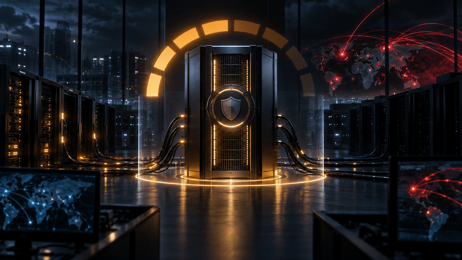 A secure enterprise file gateway entering a controlled shutdown while red threat signals remain outside its protected boundary.