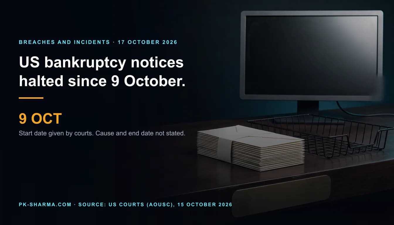 A dark clerk's counter in low blue light. A tidy stack of plain cream envelopes, all blank, lies on a walnut counter beside an empty black wire tray. Behind them a flat computer monitor stands switched off, its screen dead black, and a blank brass plate sits on the counter edge. The left half is empty dark blue, with the headline and a date drawn over it: US bankruptcy notices halted since 9 October.