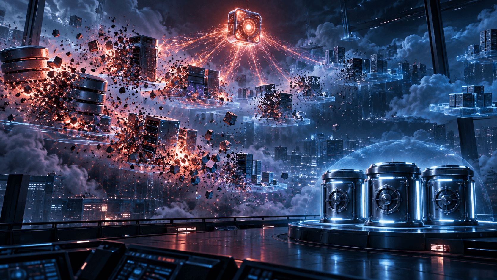 Editorial illustration of Azure-like cloud resources being destroyed while a separately protected recovery vault remains intact.