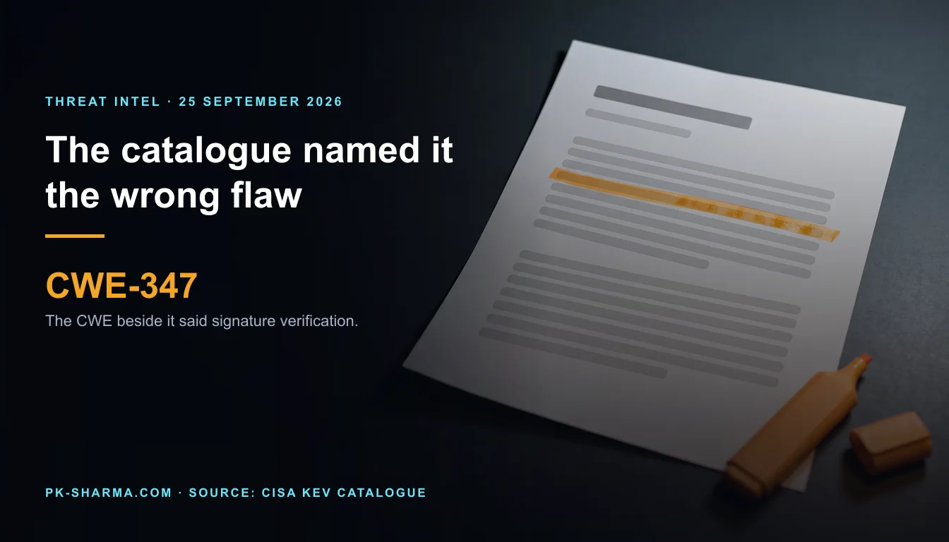 Editorial illustration for the briefing: The KEV entry says path traversal. Its own CWE, and both sources it cites, say JWT signature bypass