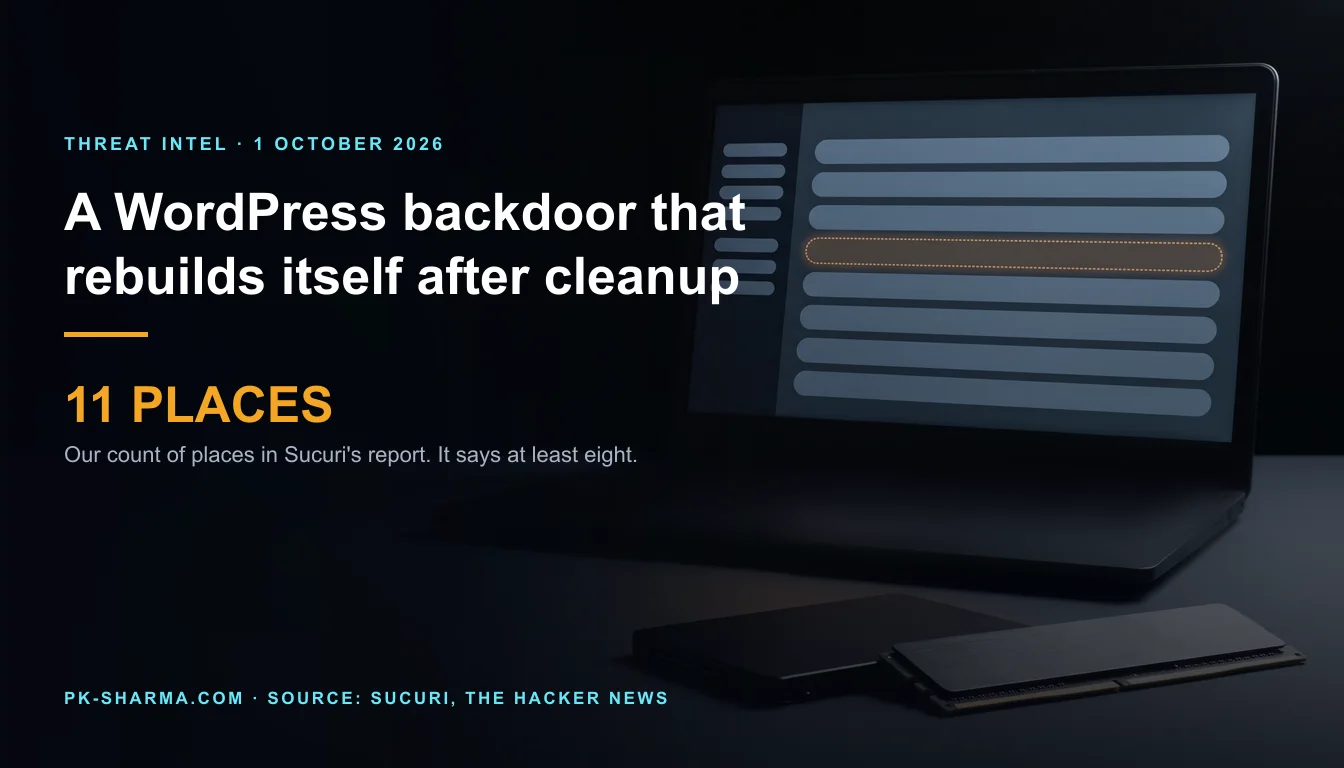 Editorial illustration for the briefing: Sucuri says the SC WordPress backdoor lives in at least eight places. Its own report names eleven