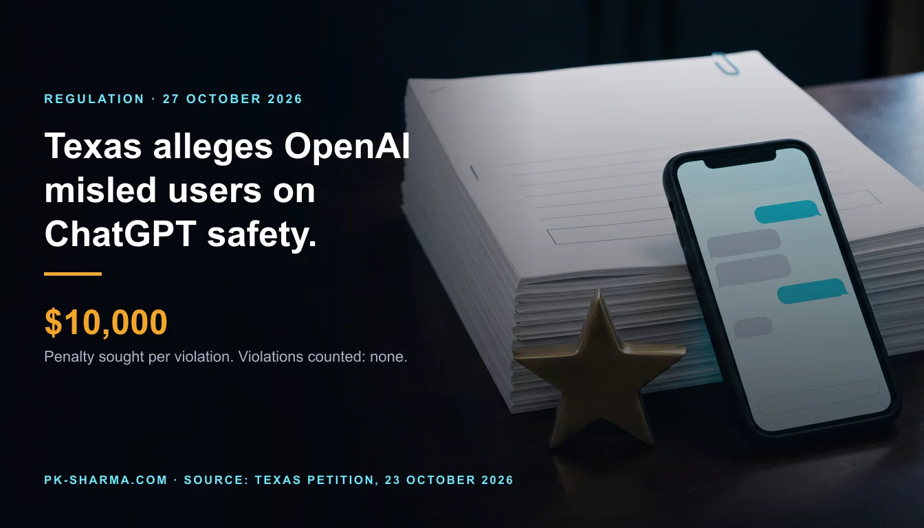 A thick stack of white legal paper, stapled at the corner with a blue paper clip, stands on a dark walnut counter. A smartphone leans against it with a chat screen made of five blank grey and cyan bubbles, and a plain brass five pointed star paperweight stands in front. The left of the picture is empty dark navy with the headline: Texas alleges OpenAI misled users on ChatGPT safety, and the figure $10,000.