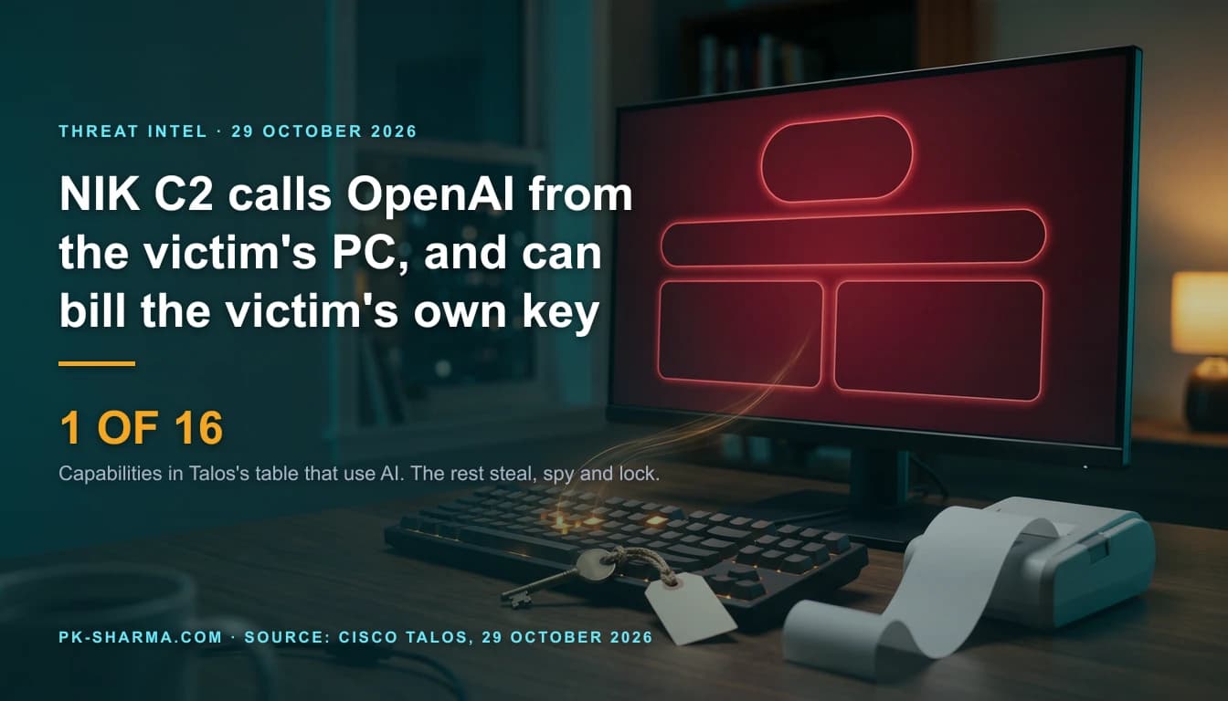 A home office at night in teal and crimson light. A large desktop monitor glows deep red with a blank lock screen layout of empty rounded boxes. In front, a dark keyboard has a few keys lit amber, with a thin amber trail rising to the screen. A brass key with a blank paper tag lies on the keyboard, and a small receipt printer pushes out a curl of blank paper. The headline and a stat are drawn over the calm left side: 1 of 16.