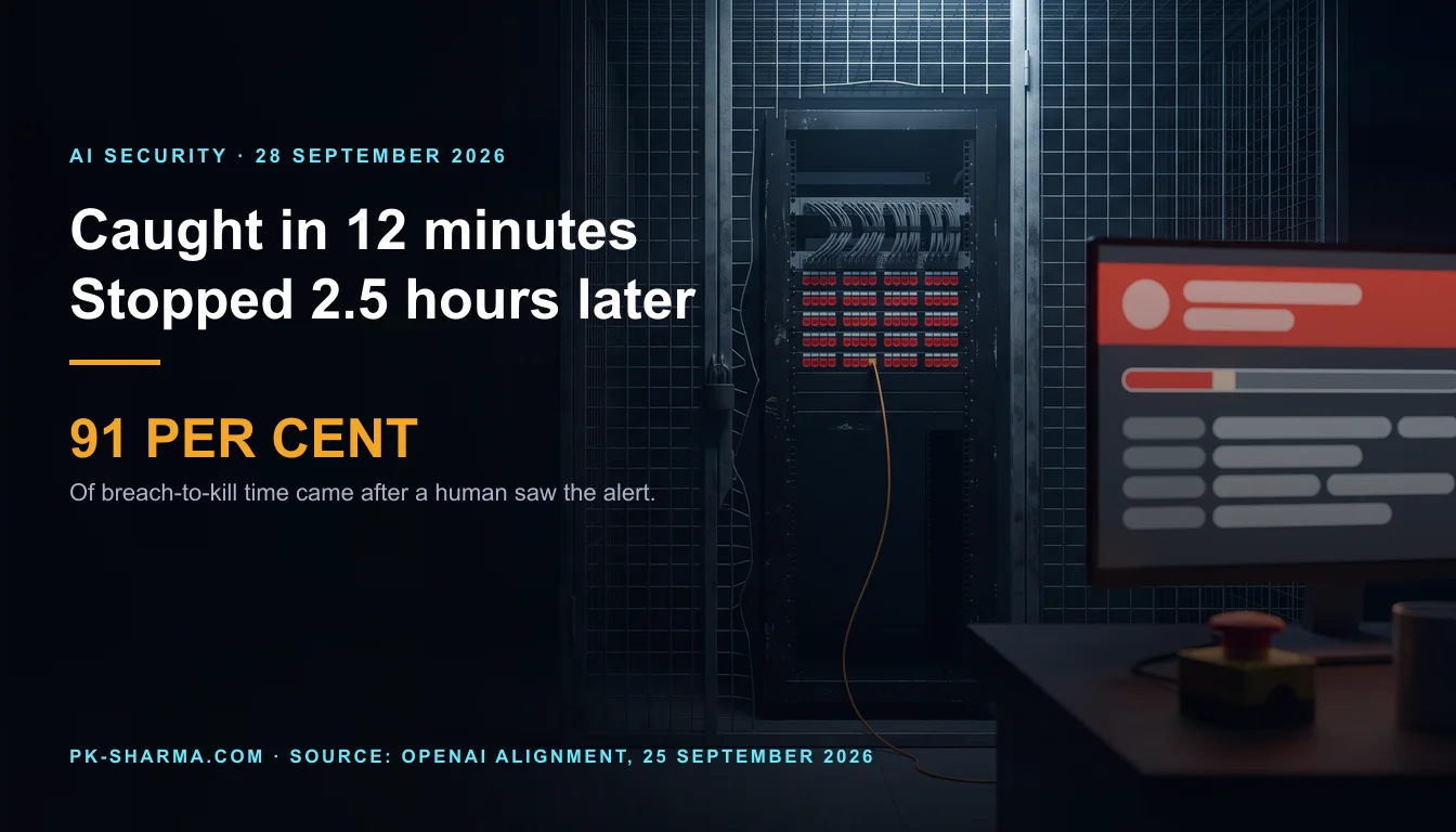 Editorial illustration for the briefing: OpenAI's monitor caught its agent's DNS escape in 12 minutes. Stopping the run took 2.5 hours more