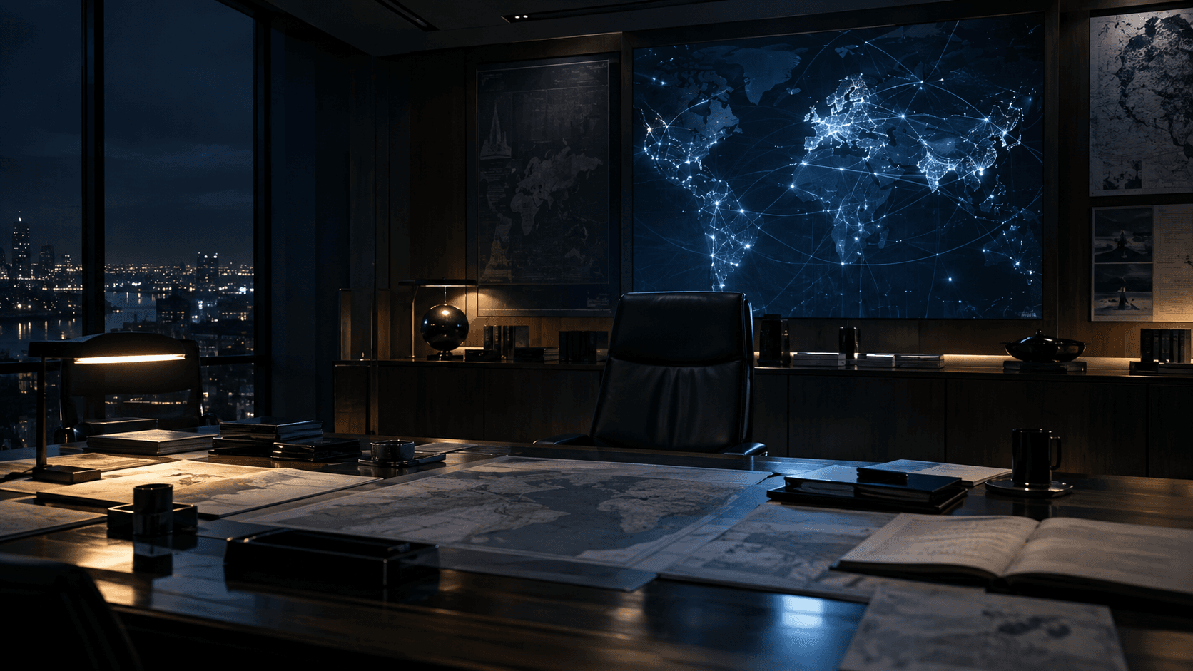 A government strategy room with an illuminated artificial intelligence network map and empty leadership chair.