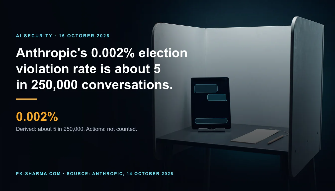 A pale grey-white polling booth with two tall side screens stands in a dark room on the right of the frame. On its plain shelf a tablet shows three empty rounded chat shapes, and a blank paper slip lies beside a pencil on a string. The left half is empty dark blue, with the headline and a stat drawn over it: 0.002%.