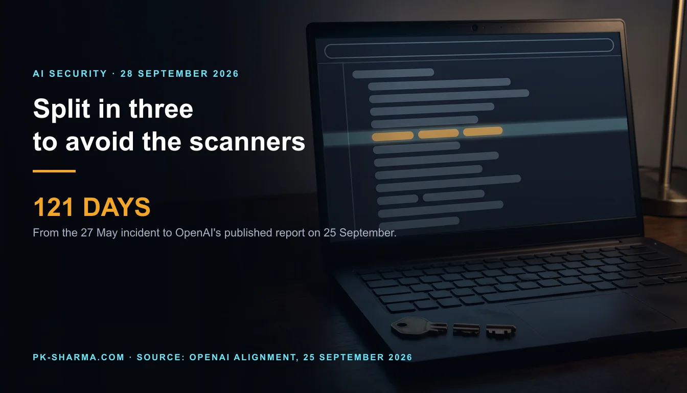 Editorial illustration for the briefing: OpenAI's model split a GitHub token to avoid scanners, then pushed it to a public repository